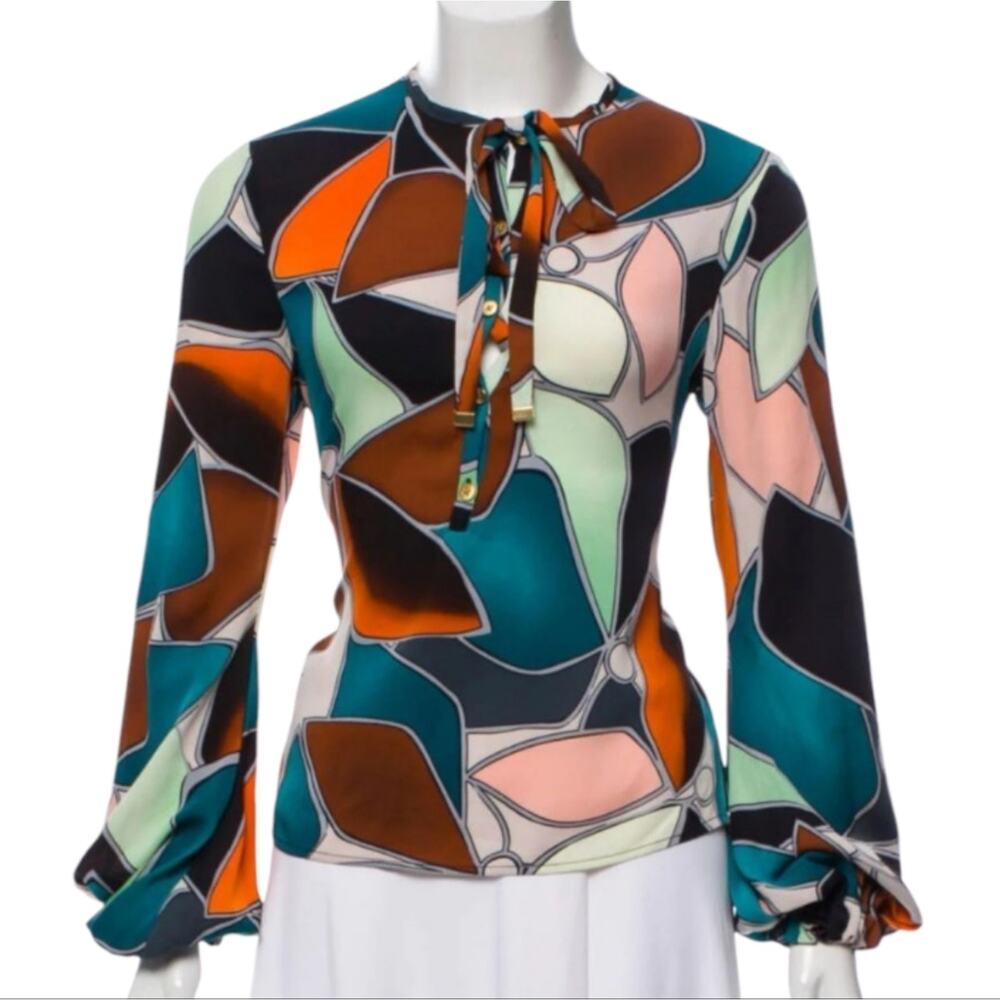 Diane von Furstenberg DVF Silk Geometric Abstract Tie Neck Blouse Size 4 Teal